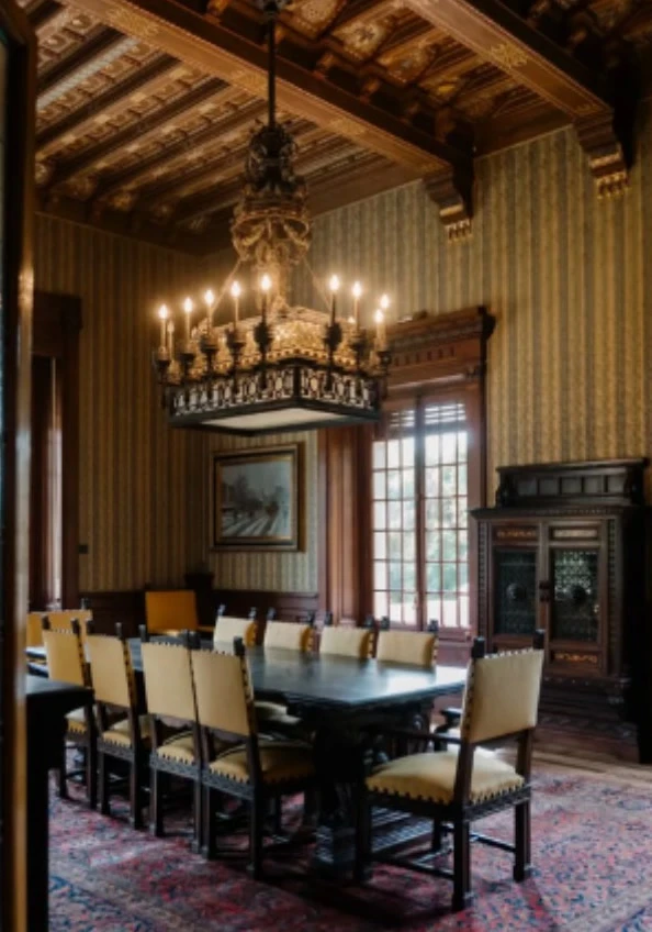 Wooden room with chandelier