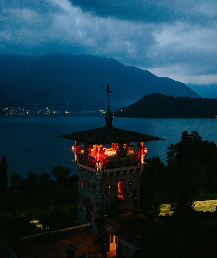The tower lit at night